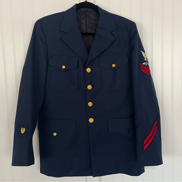 Vintage Military Uniform Jacket Navy Blue Coat Patches Silver Eagle Gold Buttons - Picture 1 of 11